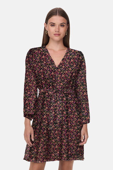 Multikleuren jurk met lange mouwen van ONLY, met bloemenprint en strikceintuur.