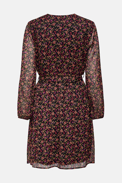 Multikleurige jurk met lange mouwen van ONLY®, met bloemenpatroon op een zwarte achtergrond, met een ceintuur in de taille.