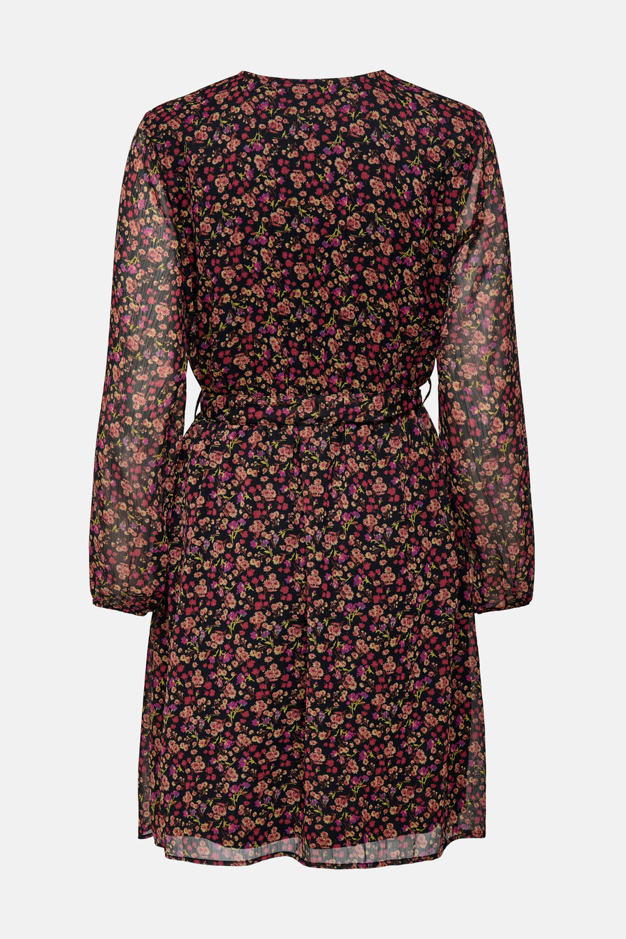 Multikleurige jurk met lange mouwen van ONLY®, met bloemenpatroon op een zwarte achtergrond, met een ceintuur in de taille.
