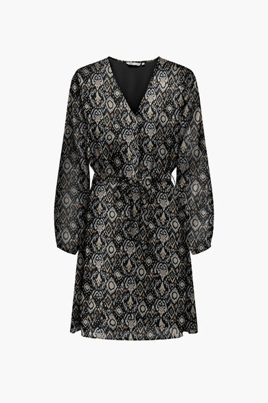 Multikleurige jurk met lange mouwen van ONLY, met een print en een ceintuur in de taille.