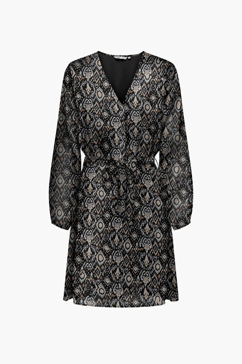 Multikleurige jurk met lange mouwen van ONLY, met een print en een ceintuur in de taille.