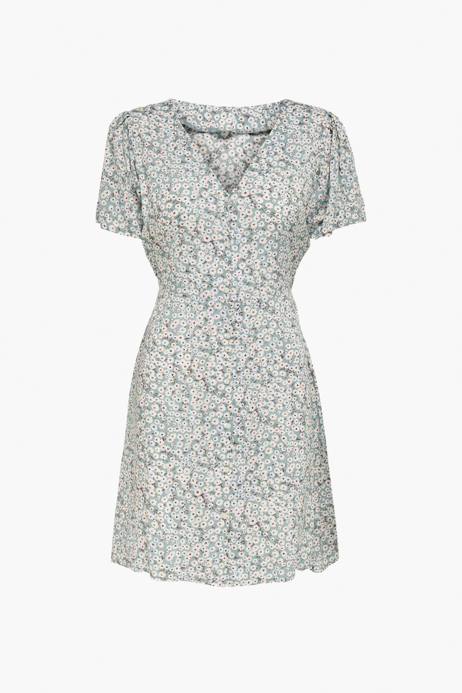 Groene jurk met korte mouwen en wit bloemenpatroon van ONLY® met V-hals en knoopsluiting.