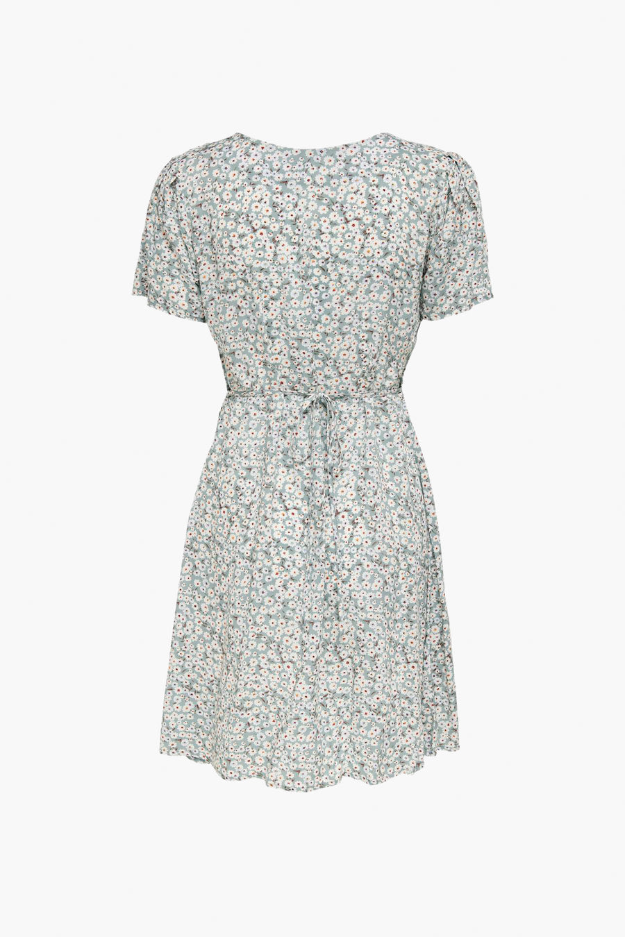 Groene jurk met korte mouwen en bloemenprint van ONLY®, met strikdetail in de taille aan de achterkant en uitlopende rok.