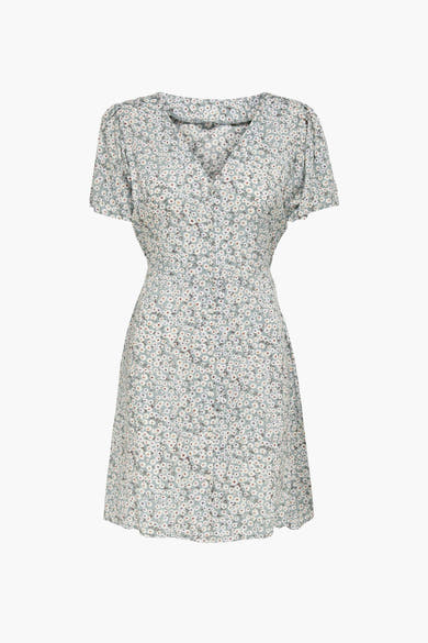 Groene jurk met korte mouwen van ONLY® met wit bloemenpatroon, V-hals en knoopsluiting aan de voorkant.