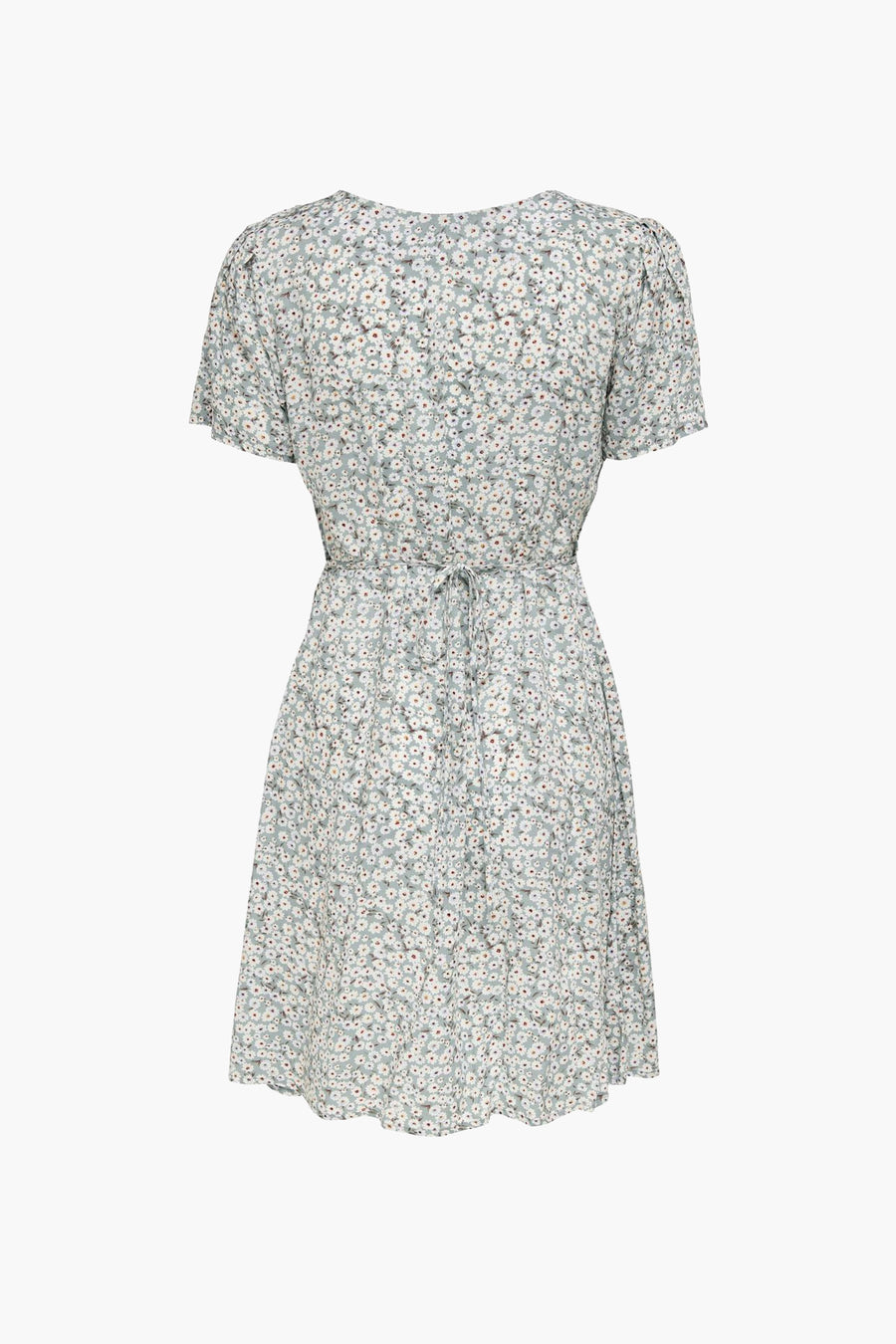 Groene jurk met korte mouwen van ONLY® met klein wit bloemenpatroon, met strikceintuur in de taille, achterzijde.