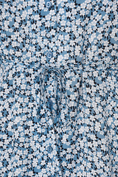 Blauwe jurk met korte mouwen van ONLY® met zwart-wit bloemenpatroon, met een knoopsluiting en een strikceintuur in de taille.