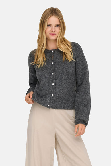 Grijze gemêleerde cardigan van ONLY, met lange pofmouwen en een korte pasvorm.