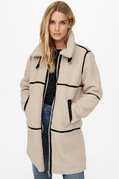 Veste longue écrue de JDY avec bordures contrastantes noires et poches.