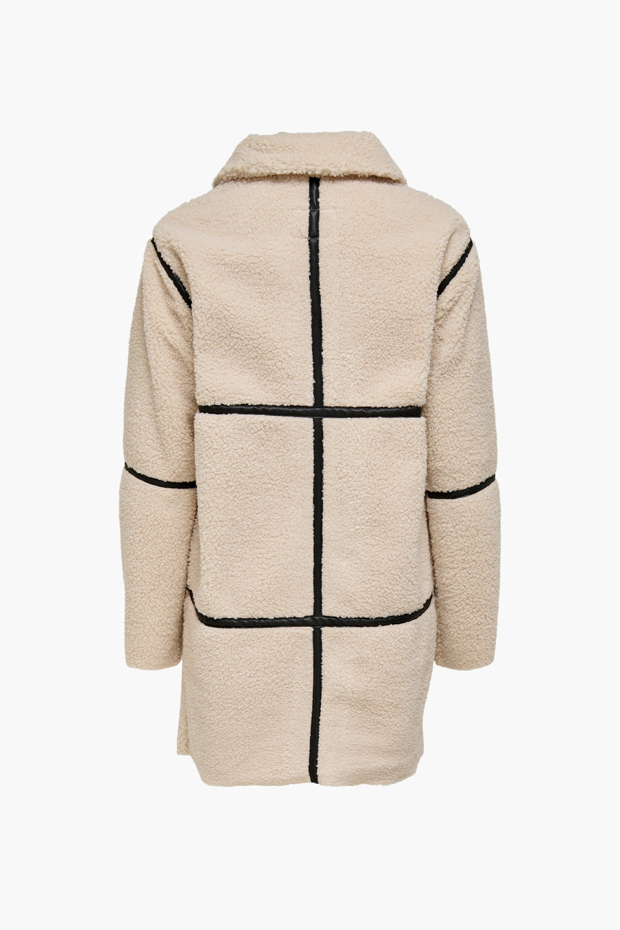 Veste longue en peau de mouton artificielle écru de JDY, avec empiècements en similicuir noir, vue arrière.