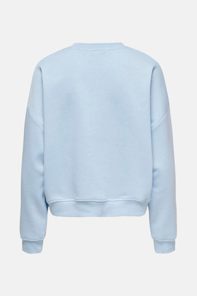 Sweat-shirt bleu clair à col rond de ONLY, uni, avec des manches longues et ourlet côtelé, vue arrière.
