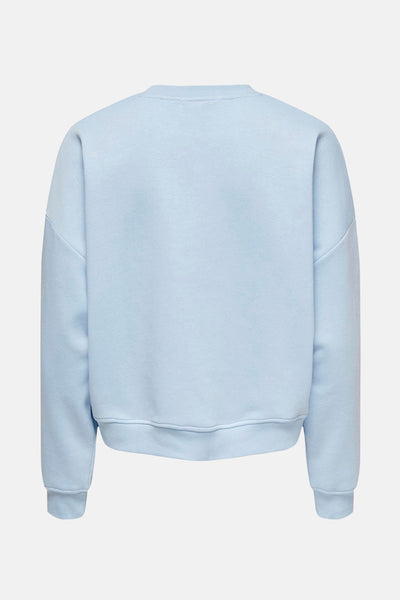 Sweat bleu clair de ONLY, vue arrière, avec ourlet et poignets côtelés.
