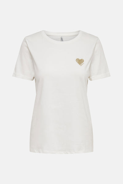 Wit T-shirt met korte mouwen van ONLY, met een glitterhartmotief op de voorkant.