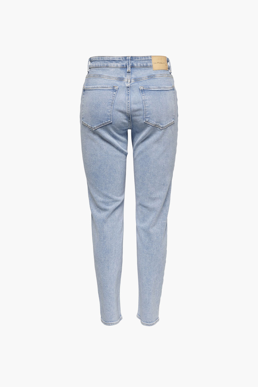 Jean mom en lichte blauwe denim van ONLY, rugzijde.