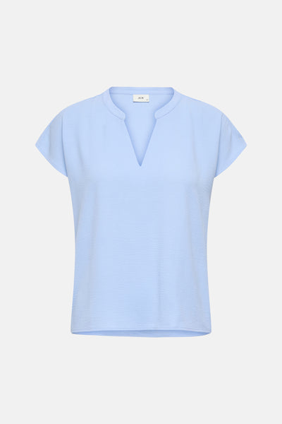 Powder blue short-sleeve blouse with V-neckline by JDY, featuring lightweight textured fabric, front view.