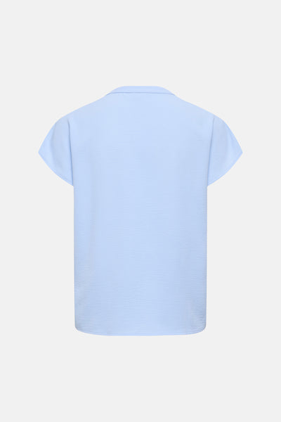 Powder blue short-sleeve blouse back view, smooth textured fabric, relaxed fit, clean neckline