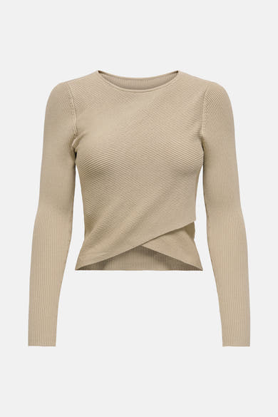 Beige trui met ronde hals van JDY, in ribgebreide stof met gekruist detail aan de taille.