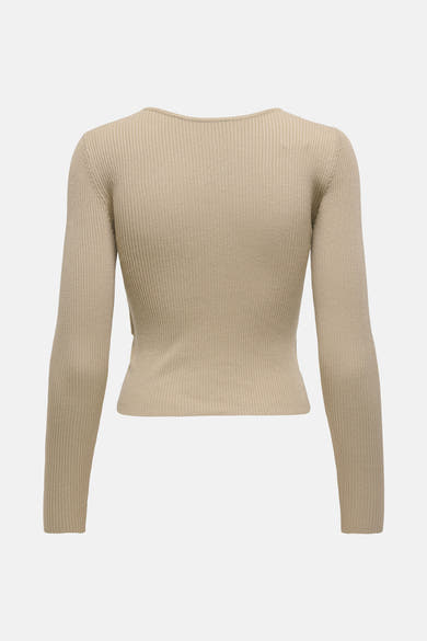 Beige ronde hals trui van JDY in ribgebreide stof, achterzijde.