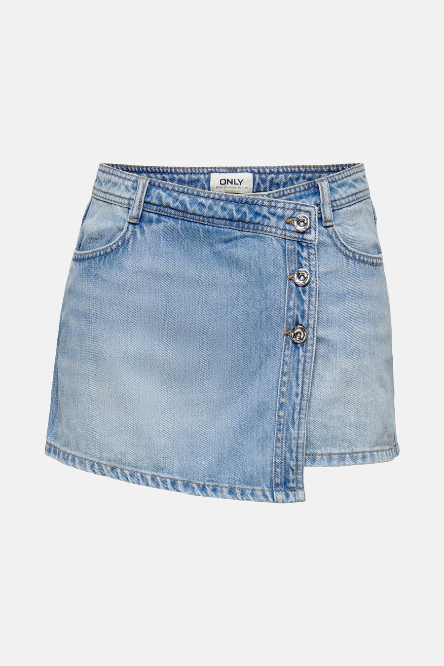 Mini-jupe en denim bleu clair de ONLY, avec fermeture à boutons asymétrique.