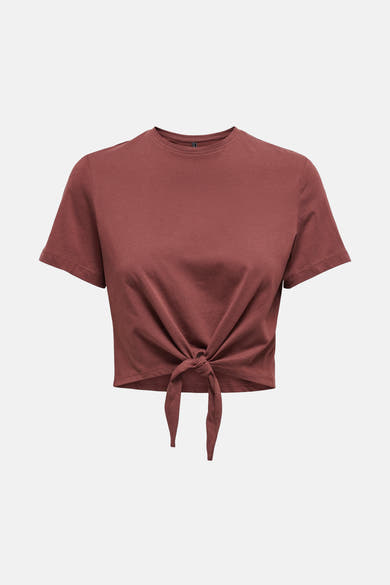 T-shirt à manches courtes brun de ONLY, avec un nœud décoratif sur le devant.