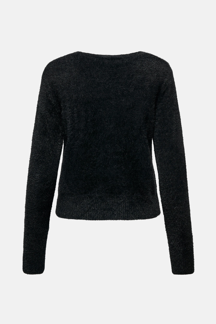 Pull noir à col rond de ONLY, en maille duveteuse, présenté sur fond clair.