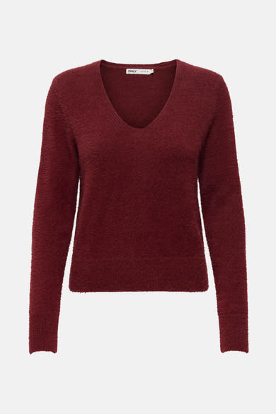 Pull rouge à col en V by ONLY, en maille duveteuse texturée.