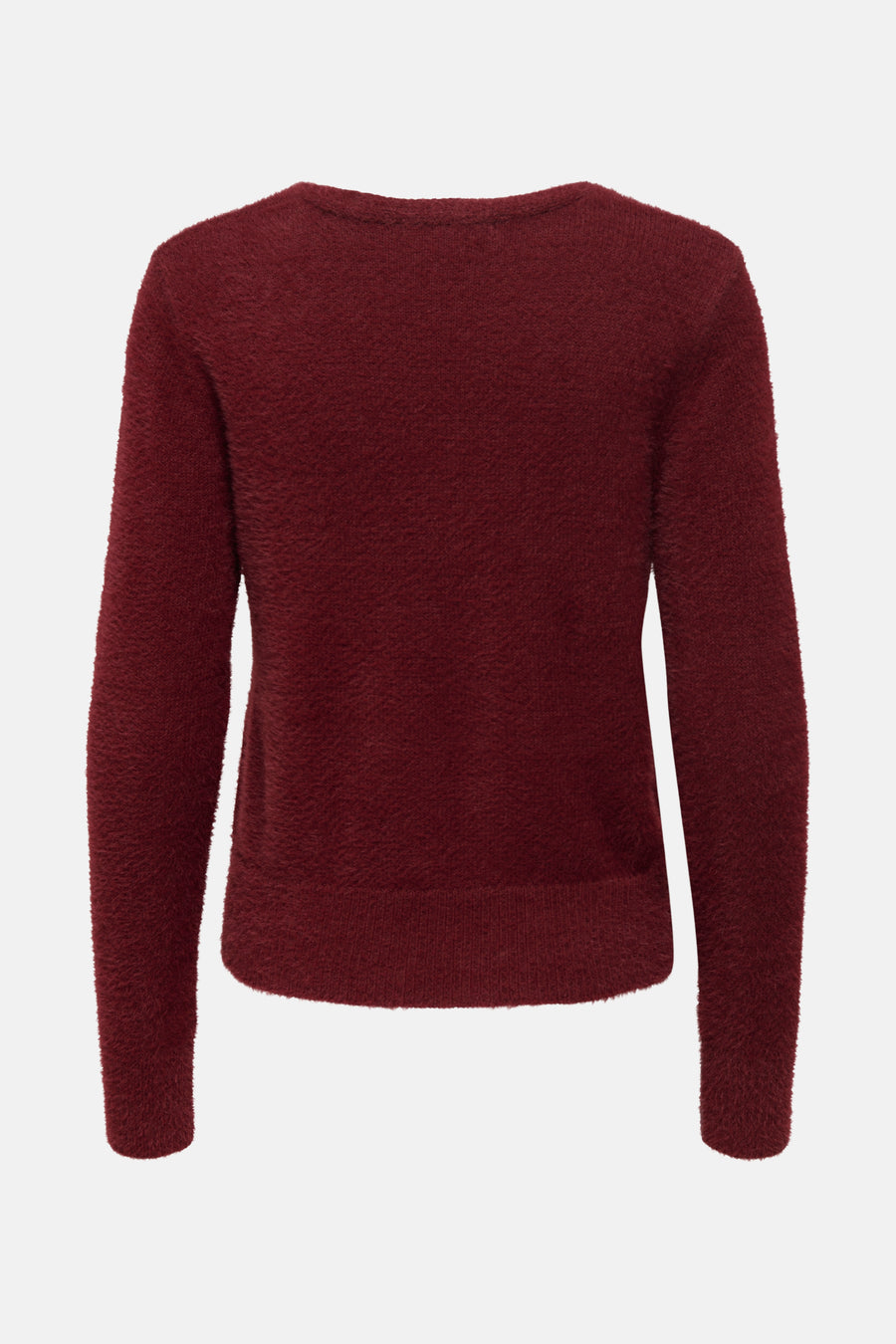 Pull rouge à col rond de ONLY®, en maille duveteuse texturée, vue de dos.