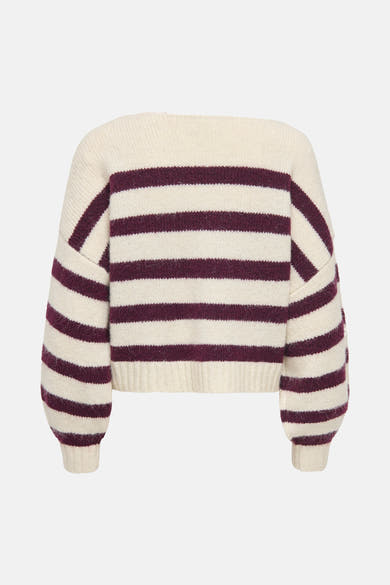 Pull écru à col rond par ONLY®, rayures bordeaux, manches bouffantes.