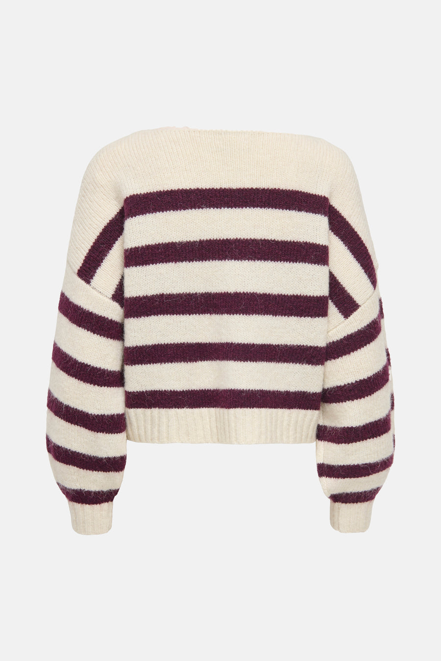 Pull écru à col rond par ONLY®, rayures bordeaux, manches bouffantes.
