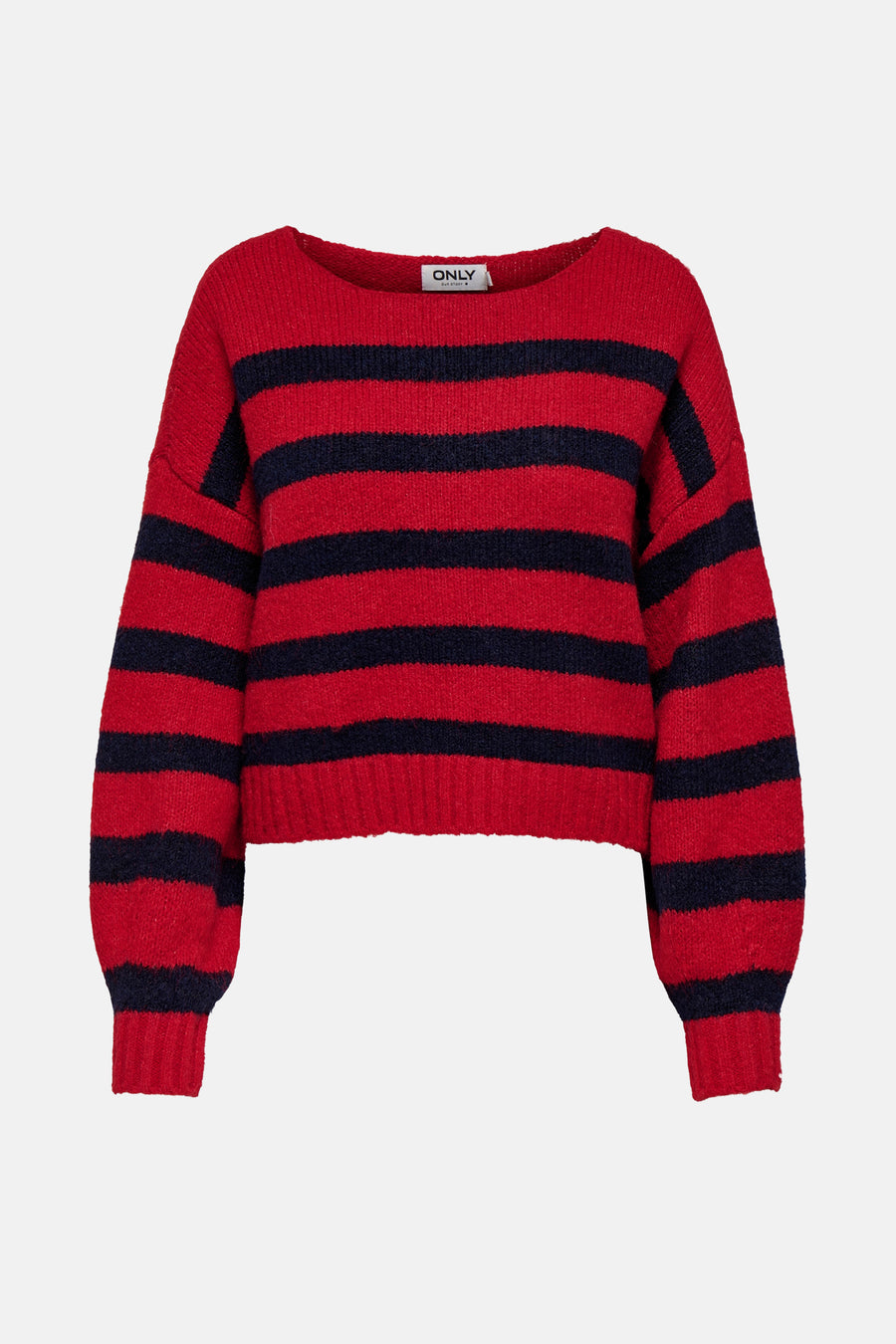 Pull à col rond rouge par ONLY, à rayures horizontales bleu marine.