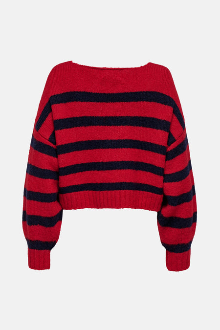 Pull à col rond rouge par ONLY, avec des rayures horizontales bleu marine et une texture en maille.