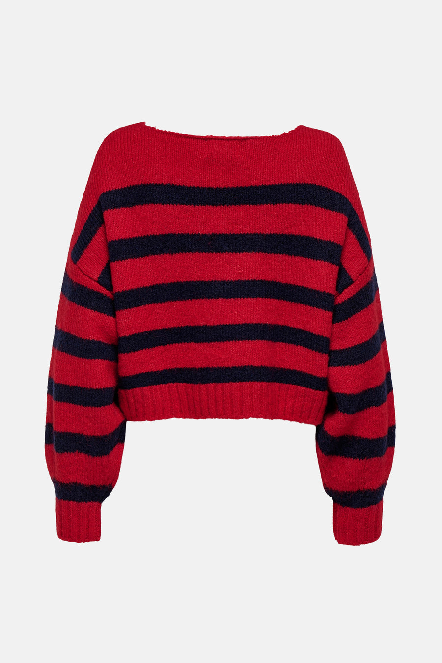 Pull à col rond rouge par ONLY, avec des rayures horizontales bleu marine et une texture en maille.