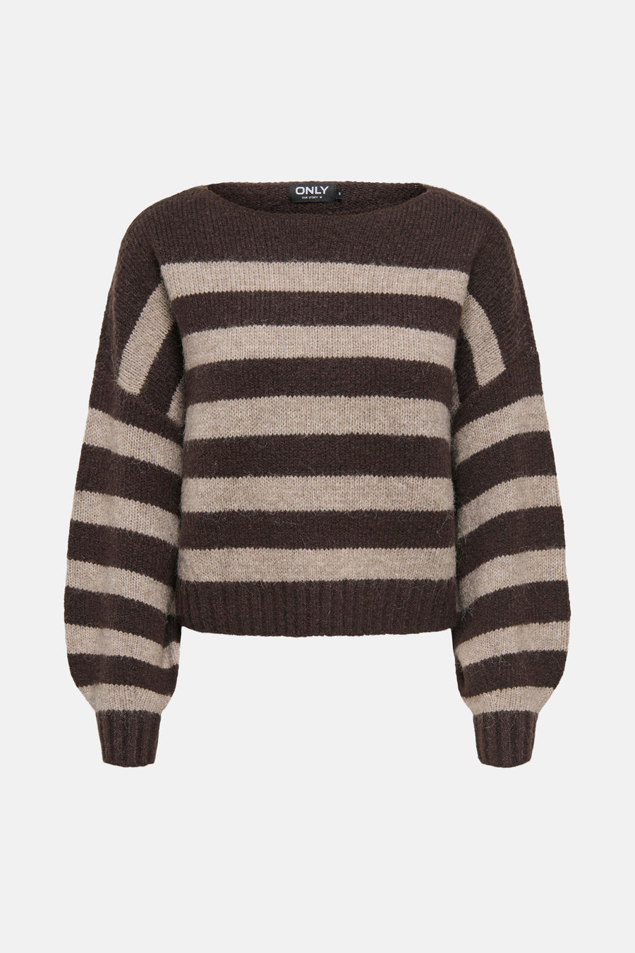 Bruine trui met ronde hals in bruin breisel, van ONLY, met beige horizontale strepen.