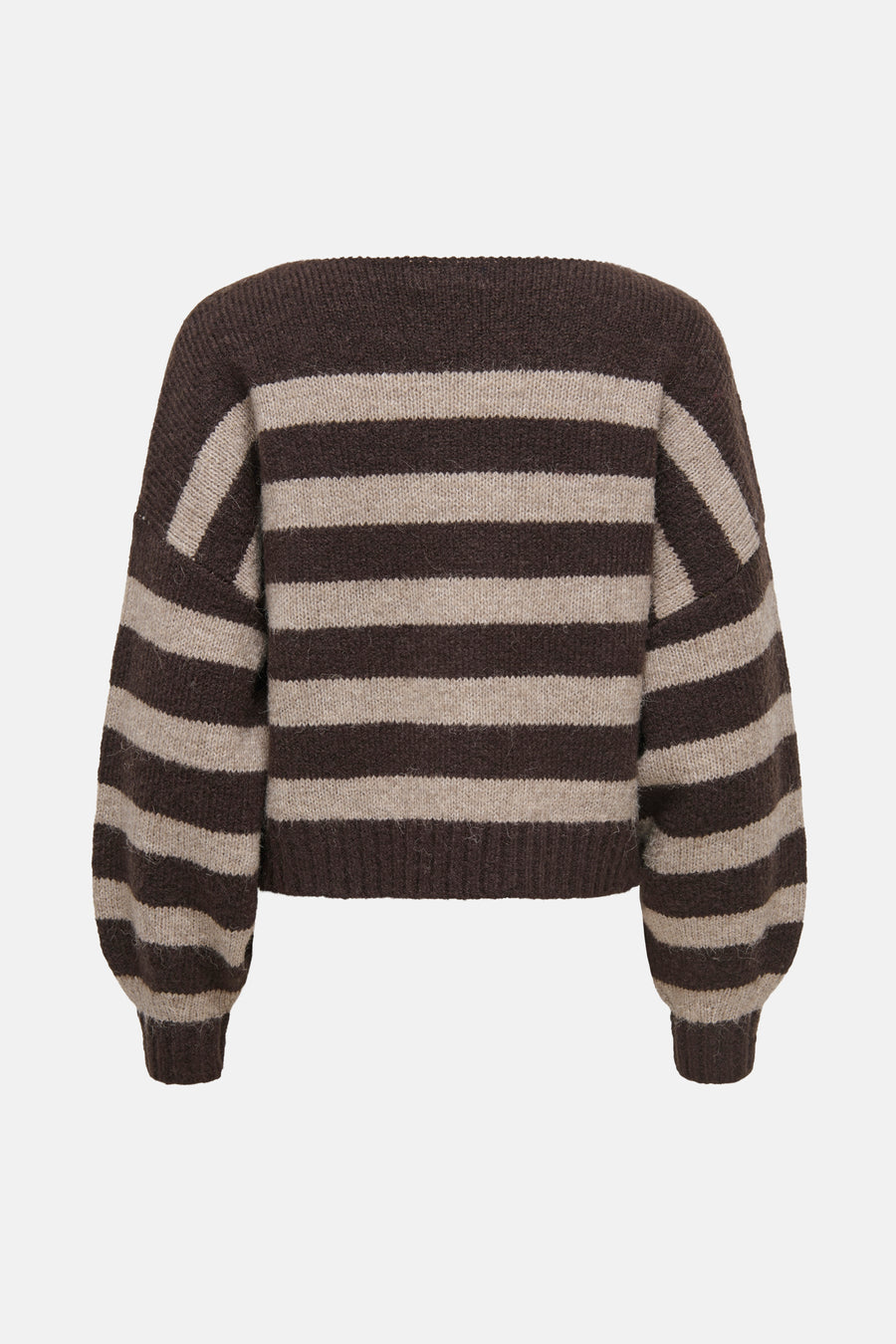 Trui met ronde hals in bruin en beige gestreepte tricot van ONLY®, lange pofmouwen.