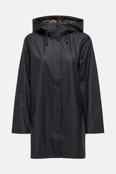 Imperméable noir de ONLY, avec capuche et doublure à motif léopard.

