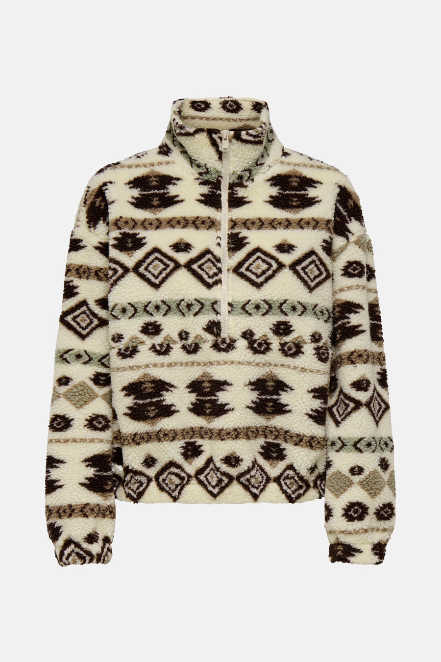 Multikleurige fleece van ONLY, met ritssluiting en fantasie geometrisch patroon.