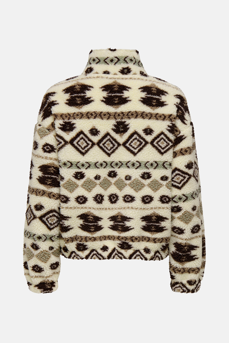 Multikleurige fleece van ONLY, met complex geometrisch patroon en bouclé textuur.