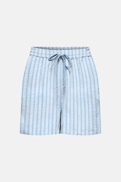 Korte blauwe short van ONLY® met witte verticale strepen, met een gestrikte trekkoord, in een getextureerde stof.