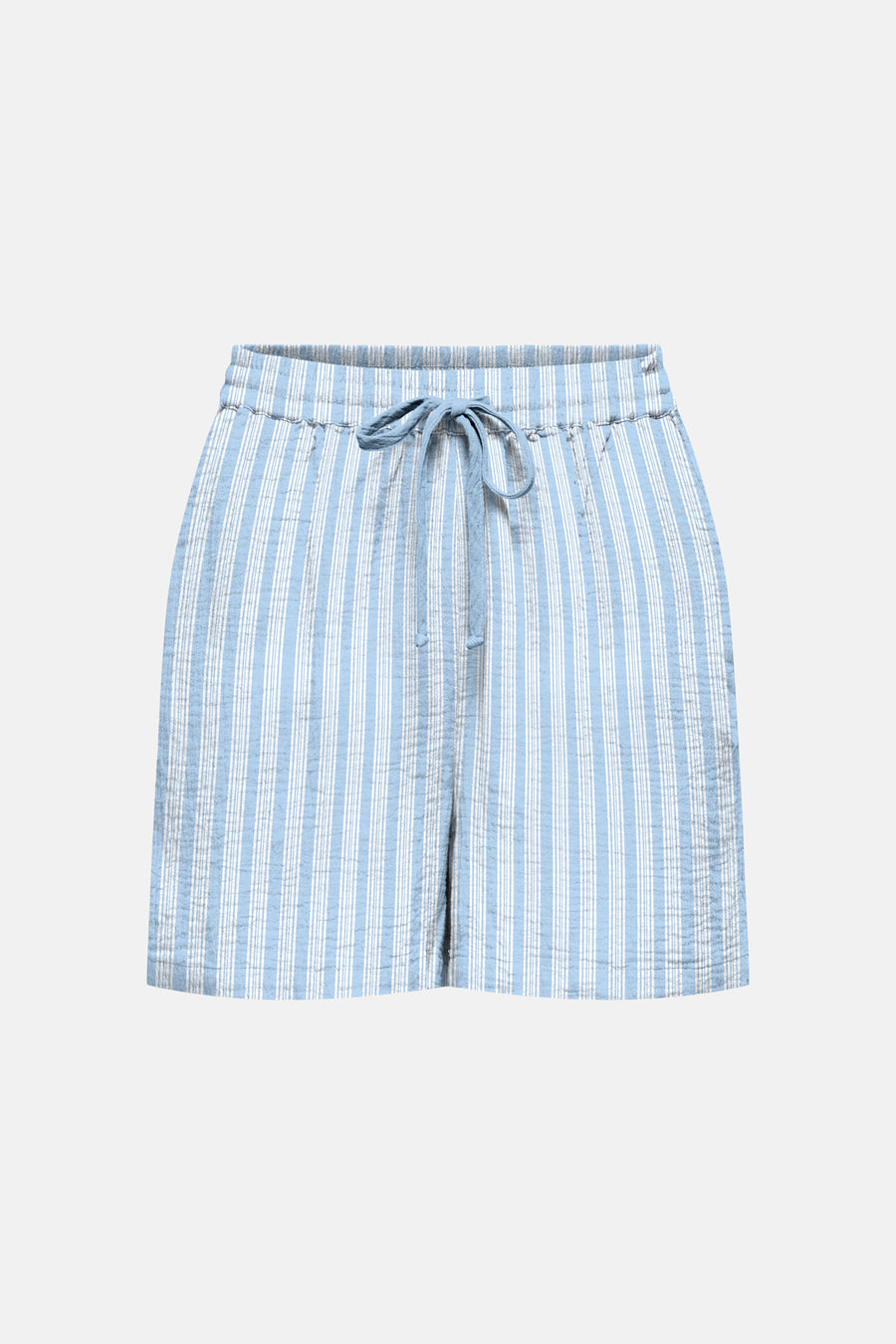 Korte blauwe short van ONLY® met witte verticale strepen, met een gestrikte trekkoord, in een getextureerde stof.