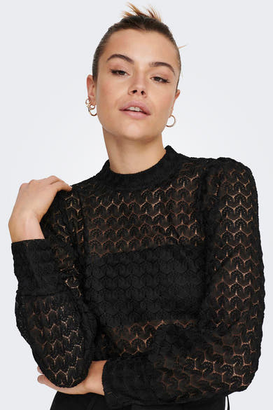 Zwarte blouse met lange mouwen van JDY, in bloemenkant met opstaande kraag.