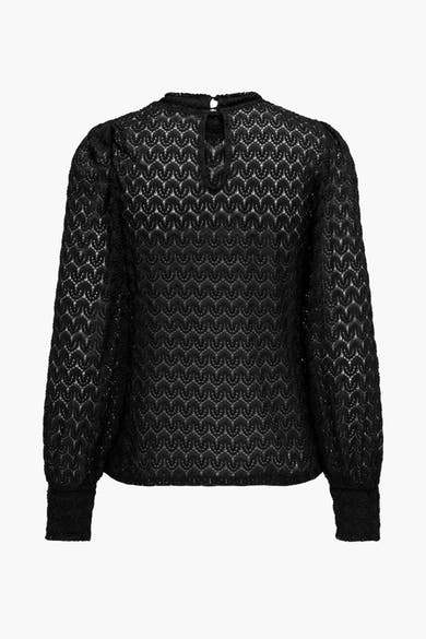 Zwarte blouse met lange mouwen van JDY, ajourpatroon, druppelvormige sluiting aan de achterkant.