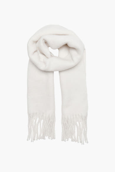 Écharpe écru en maille douce de ONLY, avec franges décoratives aux extrémités.