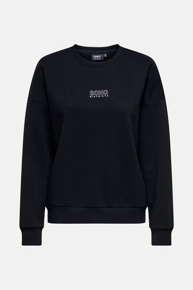 Ronde hals sweatshirt blauw van ONLY, met witte tekstprint op de rug die een wijk in New York voorstelt.