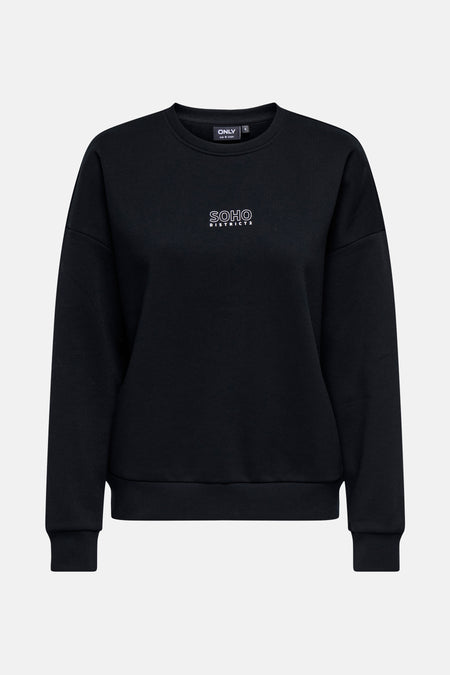 Ronde hals sweatshirt blauw van ONLY, met witte tekstprint op de rug die een wijk in New York voorstelt.