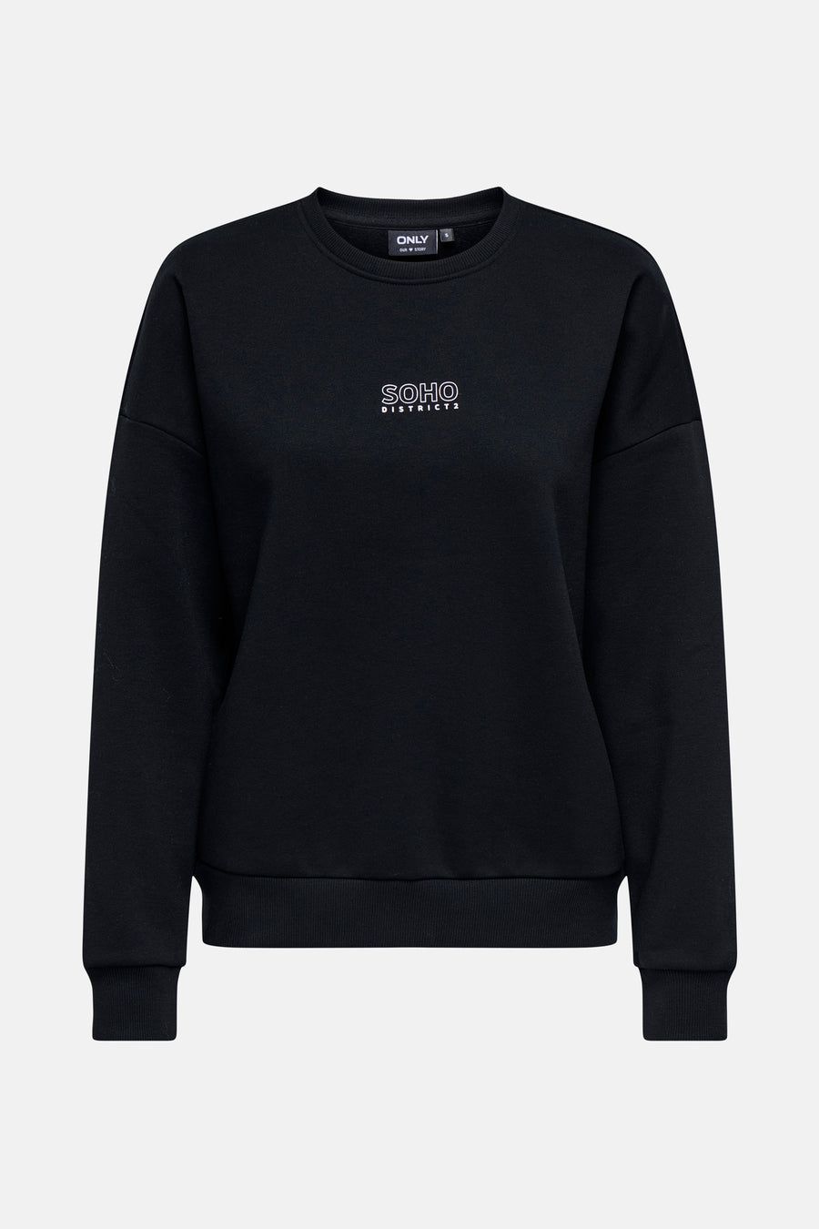 Ronde hals sweatshirt blauw van ONLY, met witte tekstprint op de rug die een wijk in New York voorstelt.