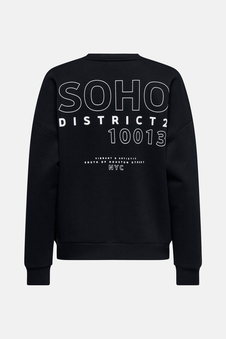 Sweat-shirt col rond bleu de ONLY, avec imprimé texte blanc au dos représentant un quartier de New York.
