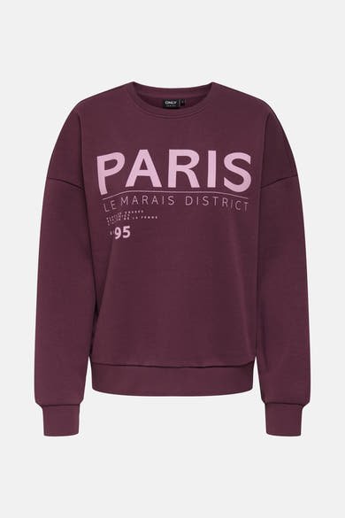 Bordeaux sweatshirt van ONLY, met de tekst "The Bohemian Face of Paris" op de rug.