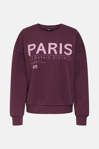 Sweat bordeaux de ONLY avec imprimé décoratif « Paris » sur le devant.
