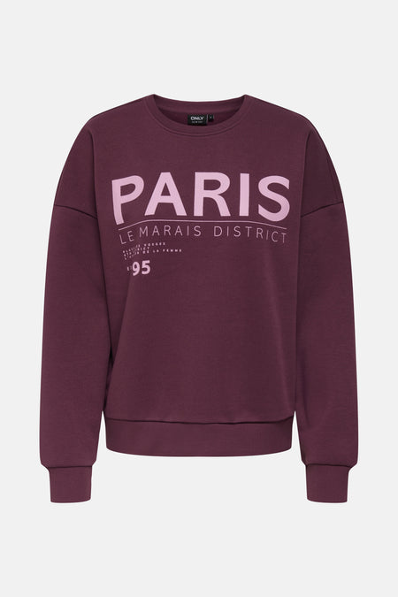 Bordeaux sweatshirt van ONLY, met de tekst "The Bohemian Face of Paris" op de rug.