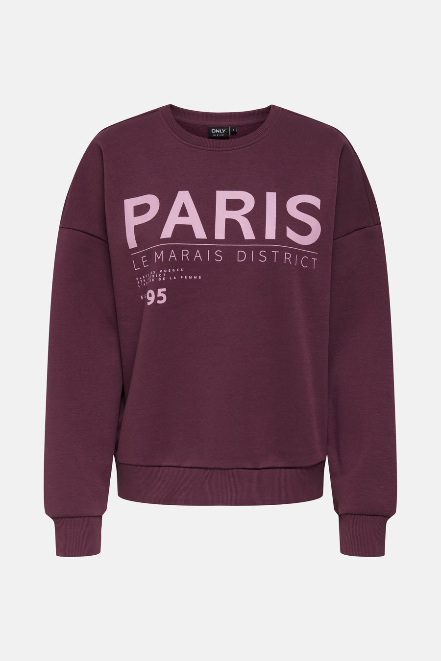 Bordeaux sweatshirt van ONLY, met de tekst "The Bohemian Face of Paris" op de rug.
