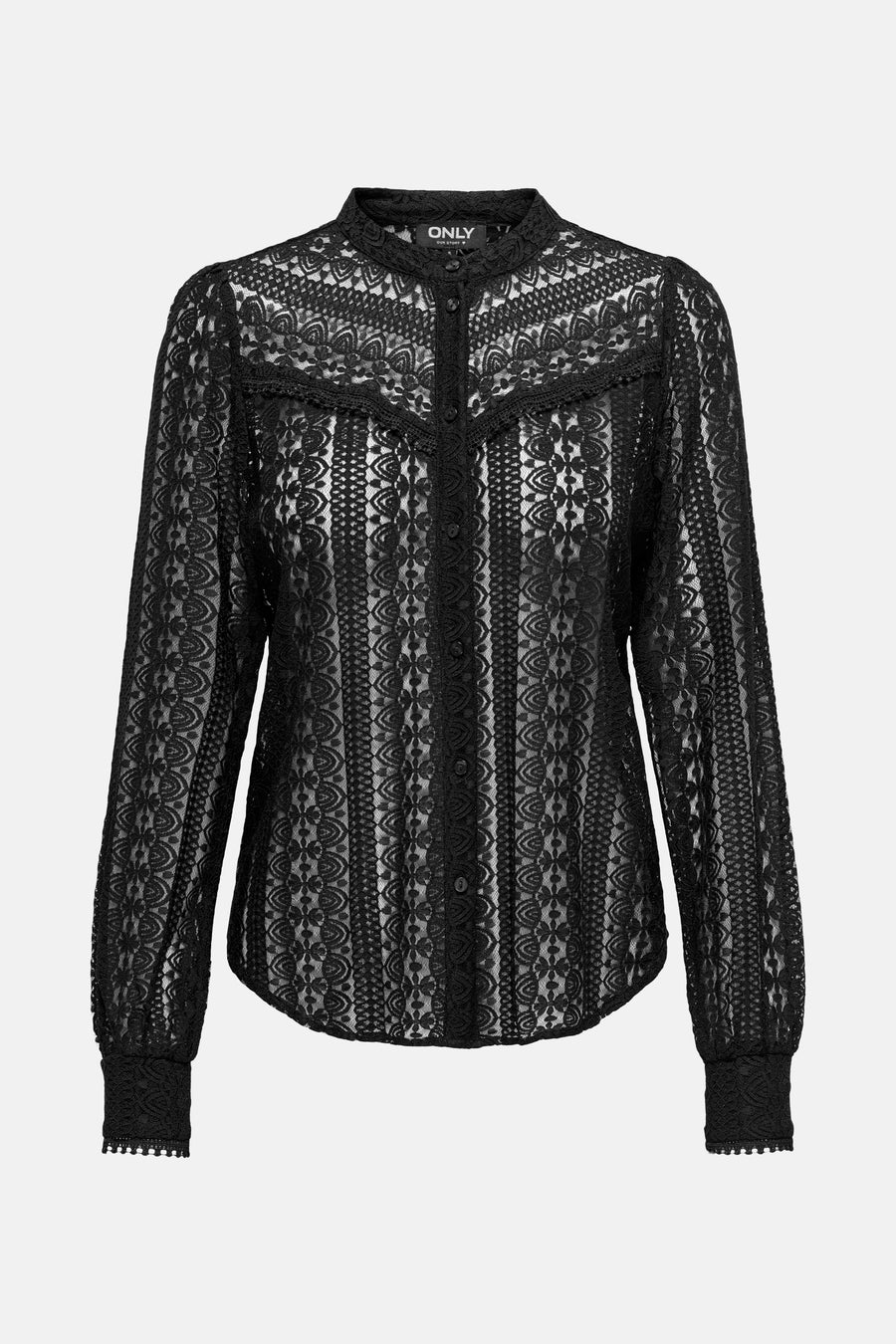 Zwarte blouse met lange mouwen van ONLY, van bloemenkant met knoopsluiting.